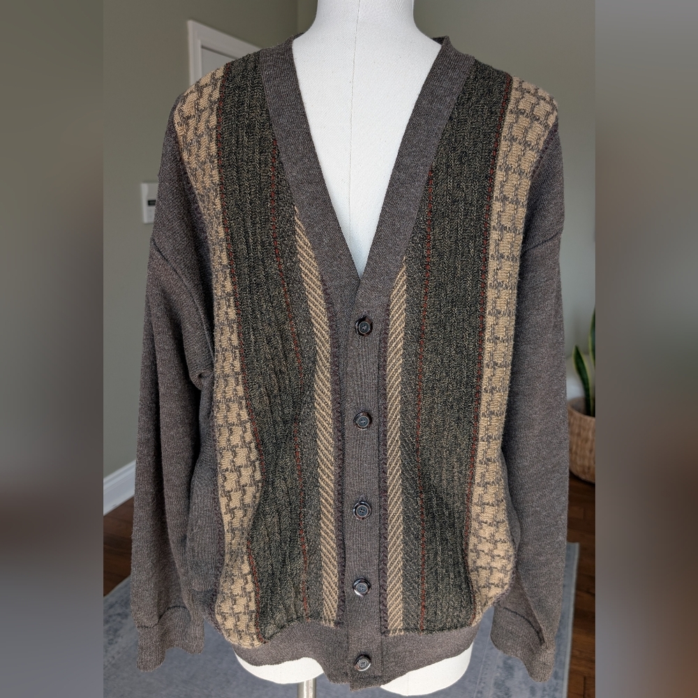 Vintage Cooper Men's Grandpa Cardigan Sweater Brown Grey Wool Blend Size L